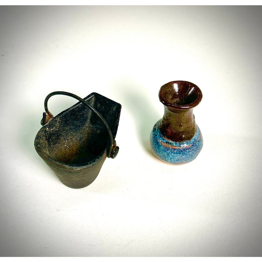 Miniature Lot, Cast Iron Coal Bucket + Rustic, glazed Stoneware Dollhouse Vase